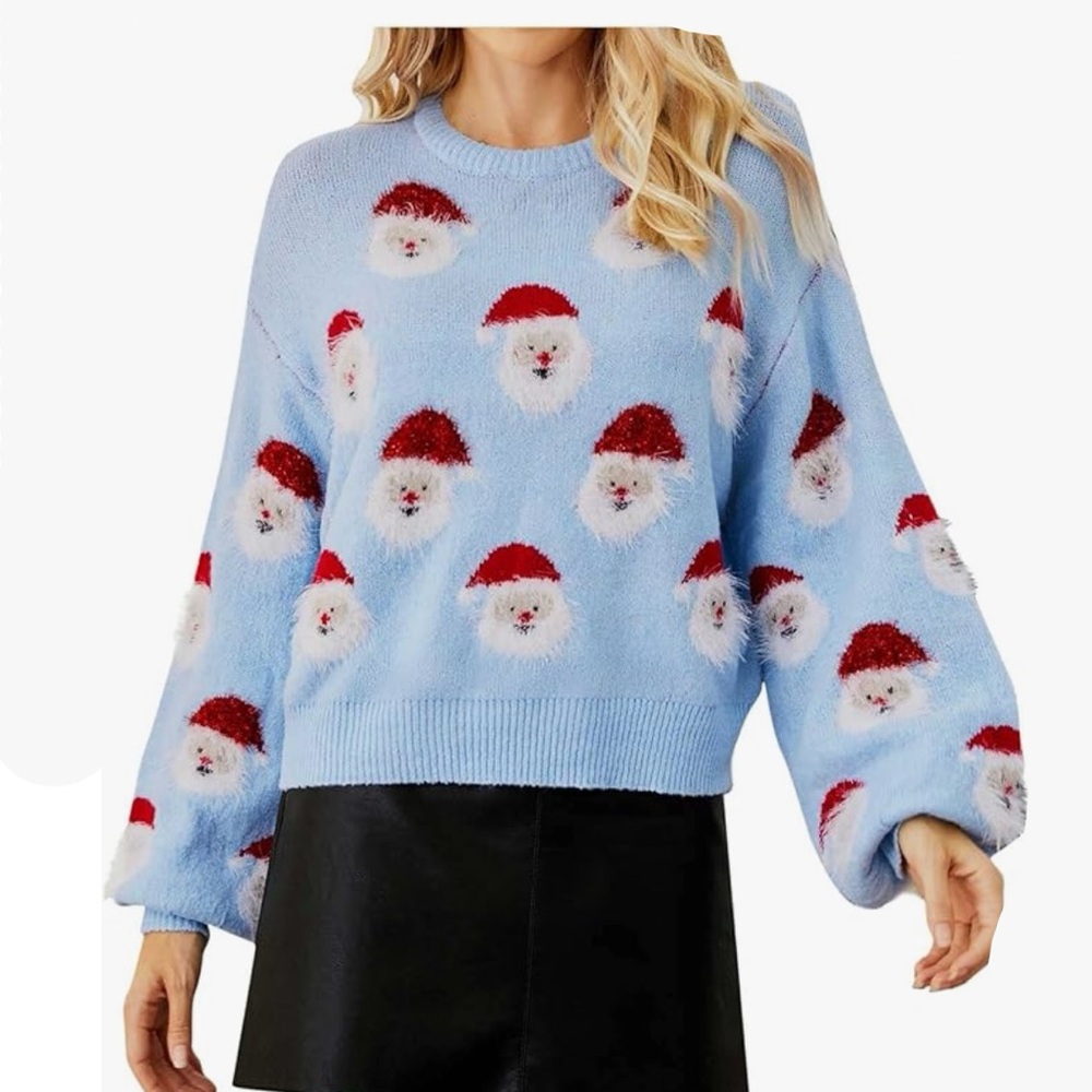 Adorable Women’s Fuzzy Santa Head Christmas Sweater
